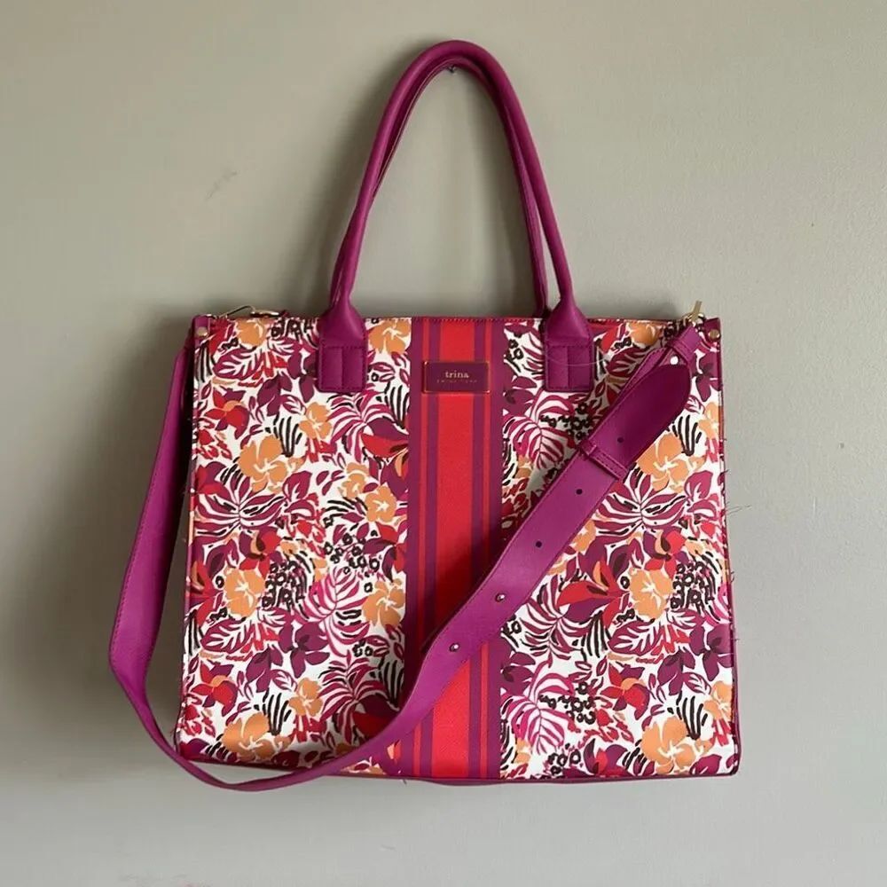 Trina Turk Majorelle Garden Tote Bag Large Pink Detachable Shoulder Strap Floral